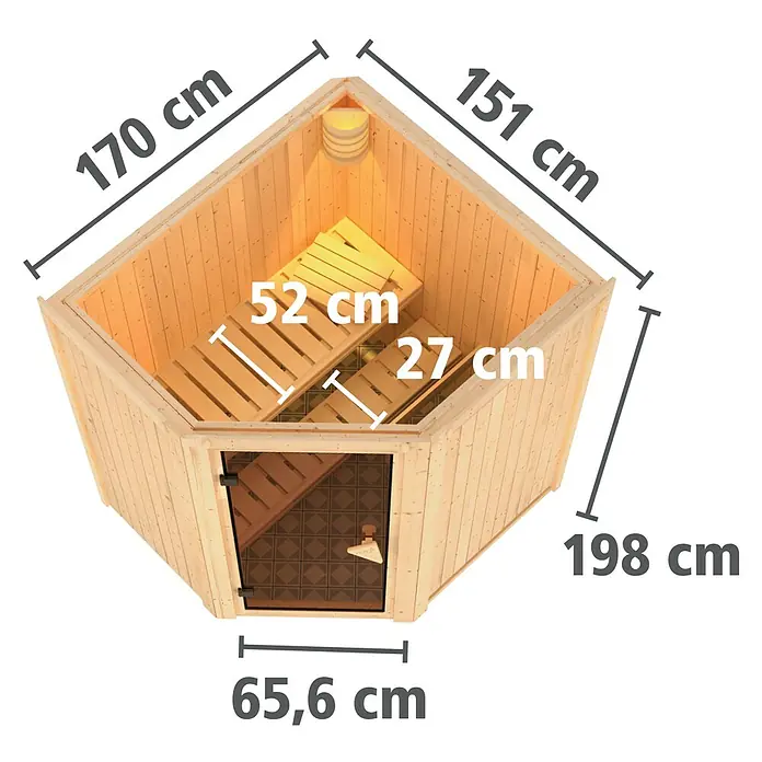 Karibu Elementsauna Taurin - Ohne Ofen, Ohne Dachkranz, L x B x H: 170 x 151 x 192 cm - Abbildung einer Ecksauna mit den Maßen 170 cm x 151 cm x 198 cm und einer Türbreite von 65,6 cm, Innensitzplätze 52 cm x 27 cm.