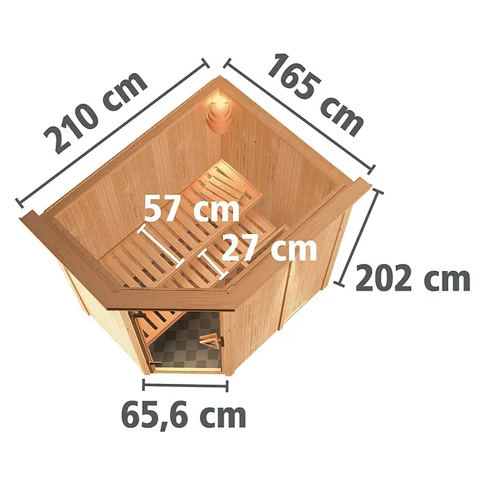 Karibu Elementsauna Carin - Mit 9 kW Ofen mit integrierter Steuerung, Mit Dachkranz und Beleuchtung, L x B x H: 165 x 210 x 192 cm - Ansicht von oben einer Ecksauna mit Größenangaben. Die Sauna ist aus hellem Holz gefertigt und hat eine Tür mit Glas.