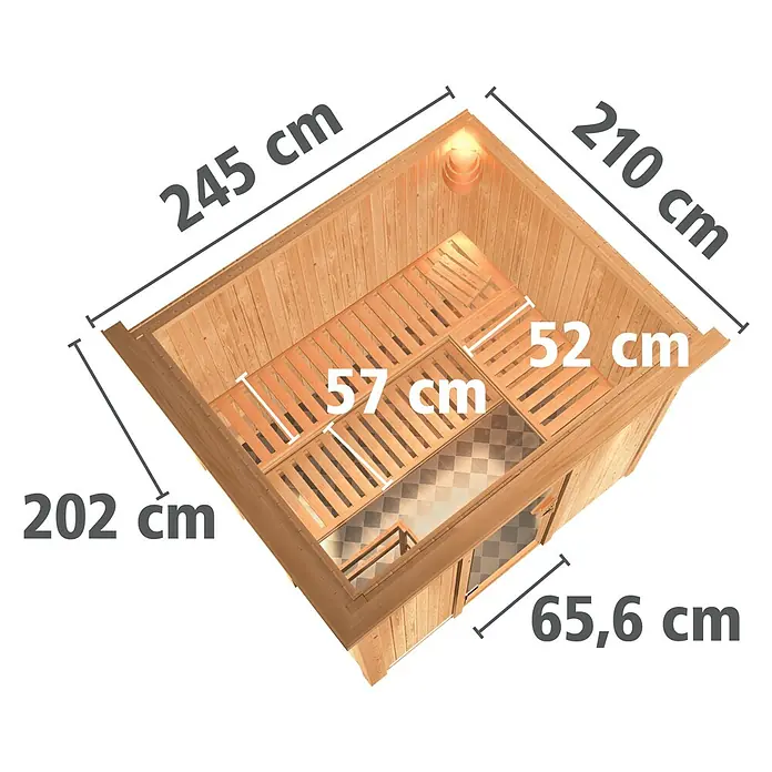 Karibu Elementsauna Gobin - Mit 9 kW Ofen mit integrierter Steuerung, Mit Dachkranz und Beleuchtung, L x B x H: 245 x 210 x 192 cm - Ein Innenansicht einer Sauna mit den Maßen 245x210x202 cm, einer Sitztiefe von 52/57 cm und einer Türbreite von 65,6 cm.