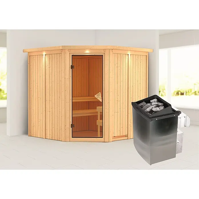 Karibu Elementsauna Jarin - Mit 9 kW Ofen mit integrierter Steuerung, Mit Dachkranz und Beleuchtung, Materialspezifizierung Tür: Ganzglas Bronze, L x B x H: 210 x 210 x 192 cm - Eine hochwertige Ecksauna mit Glasfront und einem Saunaofen mit Steinen für entspannende Momente.