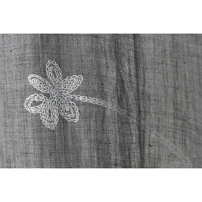 Elbersdrucke Schlaufenbandschal Farina - 140 x 255 cm, 100 % Polyester, Grau - Nahaufnahme eines grauen Gardinenstoffs mit aufgesticktem Blumenmuster, das für eine elegante Note im Raum sorgt.