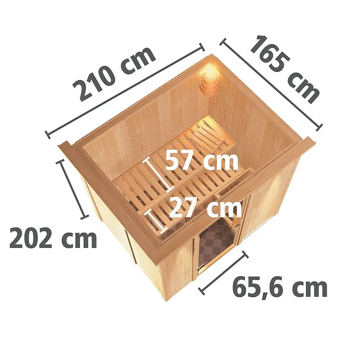 Karibu Elementsauna Bodin - Mit 9 kW Ofen mit integrierter Steuerung, Mit Dachkranz und Beleuchtung, L x B x H: 210 x 165 x 192 cm - Abbildung einer Sauna mit ihren Abmessungen, 210 cm lang, 165 cm breit und 202 cm hoch.