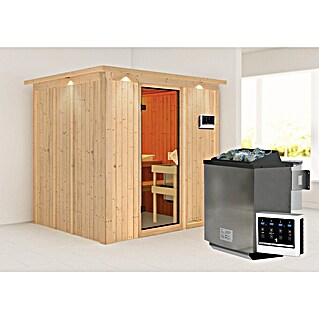 Karibu Elementsauna Sodin (Mit 9 kW Bio-Ofen mit externer Steuerung, Mit Dachkranz und Beleuchtung, L x B x H: 210 x 184 x 192 cm)