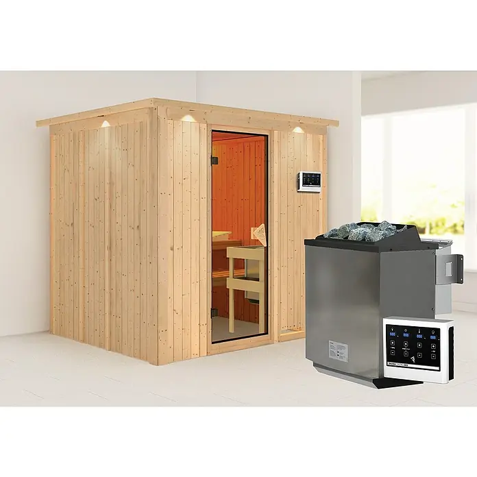 Karibu Elementsauna Sodin - Mit 9 kW Bio-Ofen mit externer Steuerung, Mit Dachkranz und Beleuchtung, L x B x H: 210 x 184 x 192 cm - Ein elegantes Saunahaus mit Ofen und Steinen. Genießen Sie Entspannung und Wohlbefinden in Ihrer eigenen Sauna.