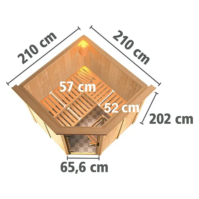 Karibu Elementsauna Jarin - Mit 9 kW Bio-Ofen mit externer Steuerung, Mit Dachkranz und Beleuchtung, Materialspezifizierung Tür: Ganzglas Bronze, L x B x H: 210 x 210 x 192 cm - Draufsicht einer Ecksauna mit Maßen. Die Sauna ist aus Holz und hat eine Glastür. Die Maße sind in Zentimetern angegeben.