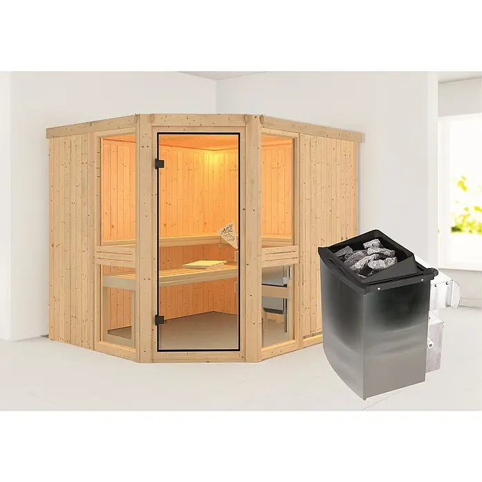 Karibu Elementsauna Amelia 3 - Mit 9 kW Ofen mit integrierter Steuerung, Ohne Dachkranz, L x B x H: 231 x 196 x 192 cm - Abbildung einer Sauna mit Holzwänden, einer Glastür und einem Saunaofen, der mit Steinen gefüllt ist.