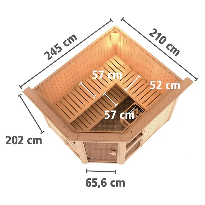 Karibu Elementsauna Amelia 3 - Mit 9 kW Ofen mit integrierter Steuerung, Mit Dachkranz und Beleuchtung, L x B x H: 245 x 210 x 192 cm - Produktansicht einer Ecksauna mit detaillierten Maßangaben.\n