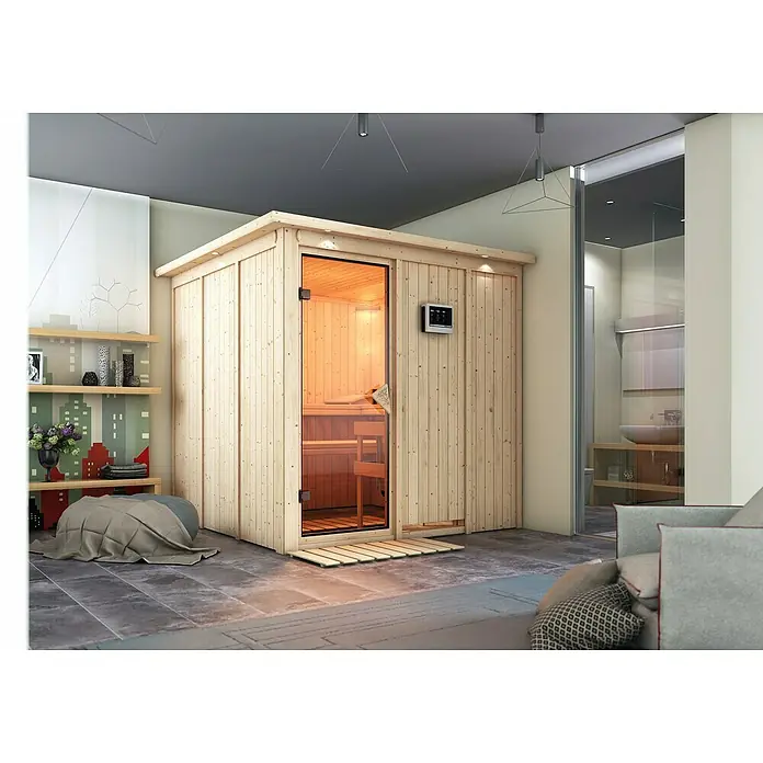 Karibu Elementsauna Rodin - Mit 9 kW Ofen mit externer Steuerung, Mit Dachkranz und Beleuchtung, L x B x H: 210 x 210 x 192 cm - Eine moderne Holzsauna mit Glastür in einem stilvollen Raum. Das Interieur umfasst eine Sitzbank und eine Steuerungseinheit an der Außenwand.