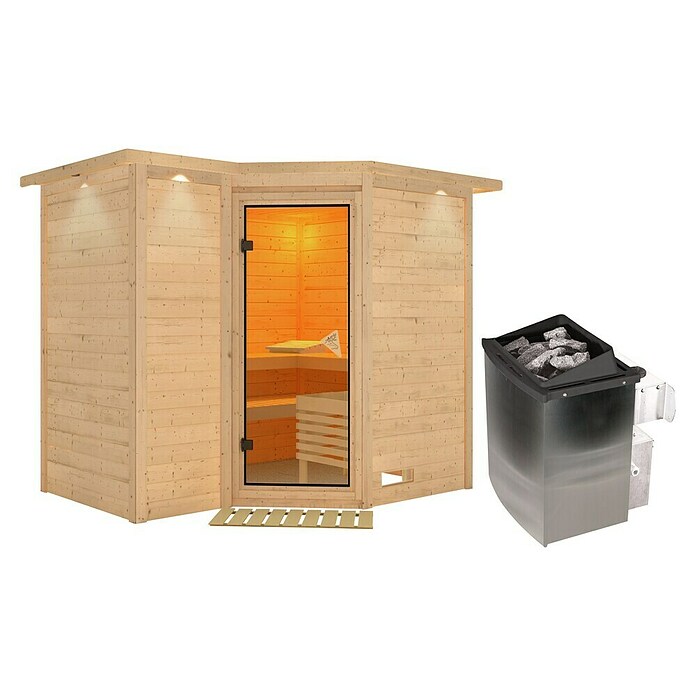 Karibu Massivholzsauna Sahib 2 (Mit 9 kW Saunaofen mit integrierter Steuerung, Mit Dachkranz und Beleuchtung, 184 x 236 x 209 cm)