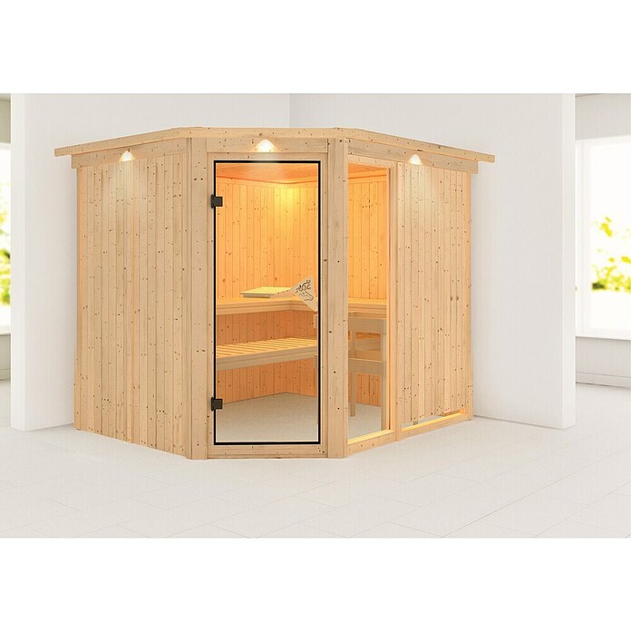 Karibu Systemsauna Fiona 3 (Ohne Ofen, 196 x 231 x 198 cm, Mit Dachkranz und Beleuchtung)