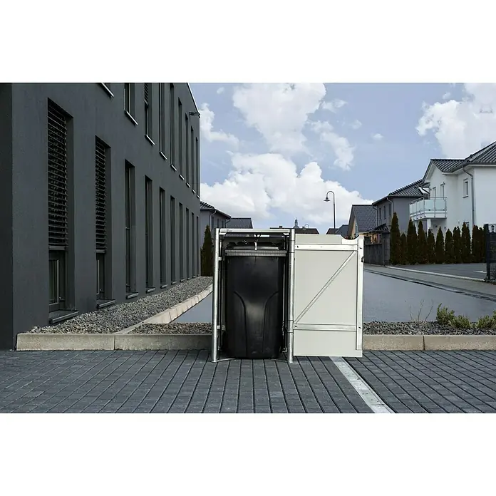 Hide Mülltonnenbox - 80,7 x 69,7 x 115,2 cm, Passend für: 1 Mülltonne 180 - 240 l, Kunststoff, Schwarz - Mülltonnenbox aus Metall mit einer schwarzen Mülltonne, die eine stilvolle und funktionale Lösung zur Aufbewahrung bietet.