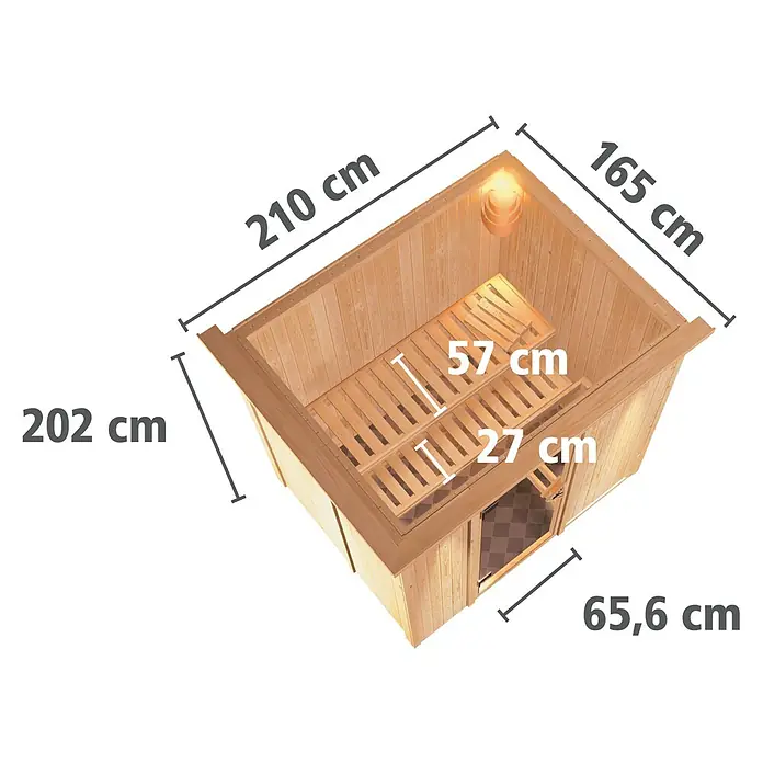 Karibu Elementsauna Bodin - Ohne Ofen, Mit Dachkranz und Beleuchtung, L x B x H: 210 x 165 x 192 cm - Ansicht einer Holzsauna mit Maßen von 210cm x 165cm, einer Höhe von 202cm und einer Bank von 57cm x 27cm.
