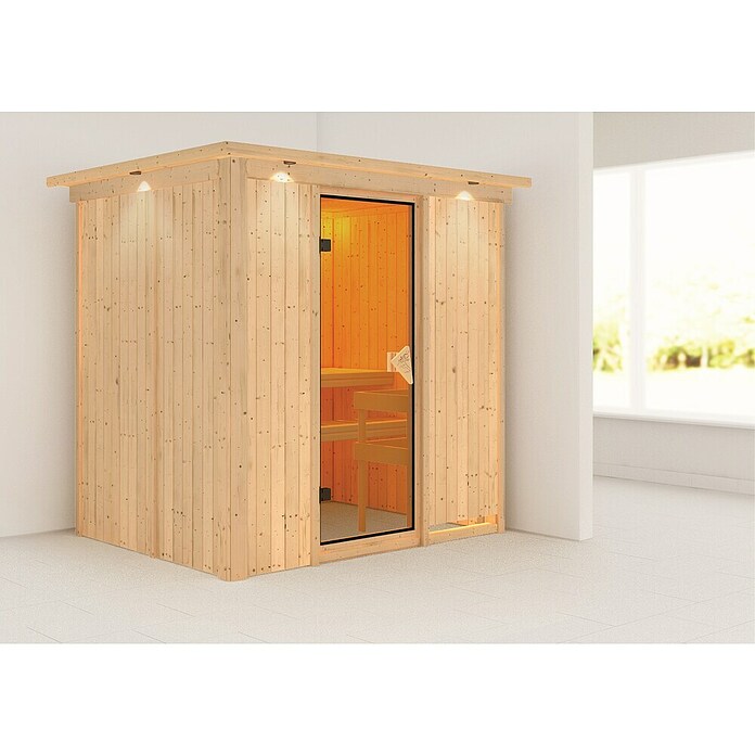 Karibu Systemsauna Bodin (Ohne Ofen, Mit Dachkranz und Beleuchtung, 151 x 196 x 198 cm)