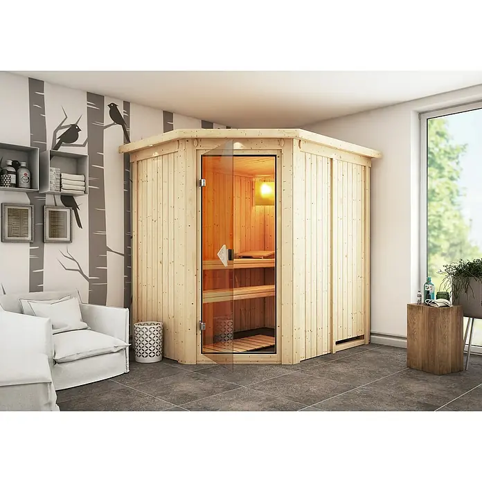 Karibu Elementsauna Carin - Ohne Ofen, Mit Dachkranz und Beleuchtung, L x B x H: 165 x 210 x 192 cm - Geräumige Ecksauna aus Holz mit Glastür und zwei Bänken im Innenraum. Die Sauna bietet Entspannung und Wohlbefinden im eigenen Zuhause.