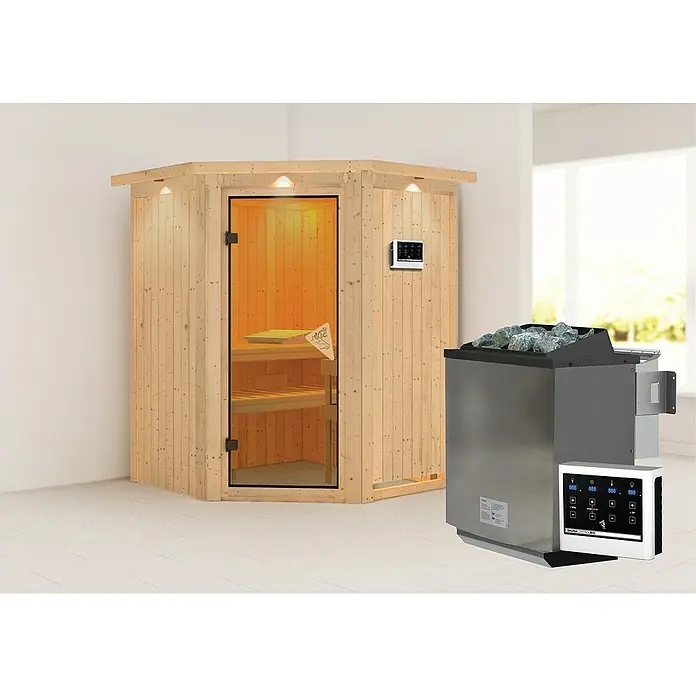 Karibu Elementsauna Larin - Mit 9 kW Bio-Ofen mit externer Steuerung, Mit Dachkranz und Beleuchtung, L x B x H: 165 x 165 x 192 cm - Eine Sauna mit Holzwänden und Glasfront, dazu ein Saunaofen mit Steinen und digitaler Steuerung für ein entspannendes Saunaerlebnis.