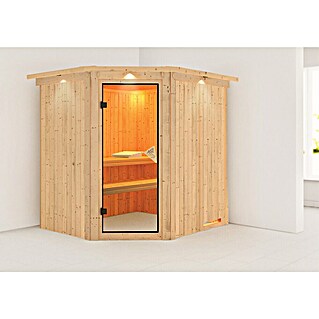 Karibu Elementsauna Siirin (Ohne Ofen, Mit Dachkranz und Beleuchtung, Materialspezifizierung Tür: Ganzglas Bronze, L x B x H: 210 x 184 x 192 cm)