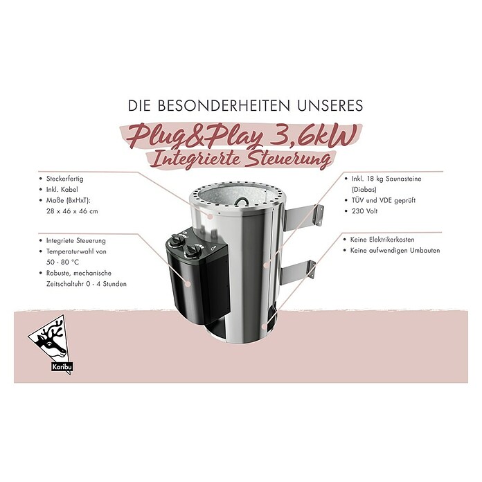 Karibu (3,6 kW, Mit integrierter Steuerung, Temperaturbereich: 50 °C bis 80 °C)