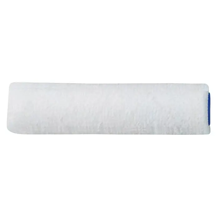 F18 Farbwalze - Breite Rolle: 10 cm, Durchmesser: 28 mm, Textil - Detailaufnahme einer Malerwalze mit weißem Bezug und blauem Ende, ideal für gleichmäßigen Farbauftrag auf Oberflächen.
