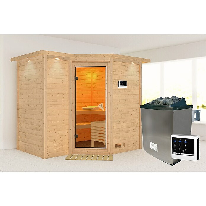 Karibu Massivholzsauna Sahib 2 (Mit Saunaofen 9 kW inkl. Steuerung Easy, Mit Dachkranz und Beleuchtung, 184 x 236 x 209 cm)