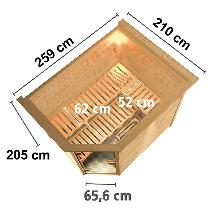 Karibu Massivholzsauna Tanami - Ohne Ofen, Mit Dachkranz und Beleuchtung, L x B x H: 259 x 210 x 192 cm - Abbildung einer Sauna mit den Maßen 259 cm, 210 cm, 205 cm und 65,6 cm, sowie Sitzbänke mit den Maßen 62 cm und 52 cm.