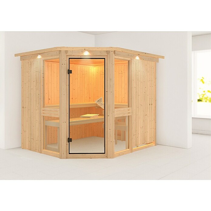 Karibu Systemsauna Amelia 3 (Ohne Ofen, Mit Dachkranz und Beleuchtung, 196 x 231 x 198 cm)