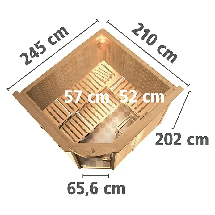 Karibu Elementsauna Fiona - Mit 9 kW Bio-Ofen mit externer Steuerung, Mit Dachkranz und Beleuchtung, L x B x H: 245 x 210 x 192 cm - Bild einer Ecksauna mit Maßen, die die Größe des Produkts zeigen.\n