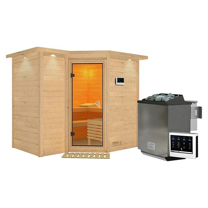Karibu Massivholzsauna Sahib 2 (Mit Sauna Bio-Ofen 9 kW inkl. Steuerung Easy, Mit Dachkranz und Beleuchtung, 184 x 236 x 209 cm)