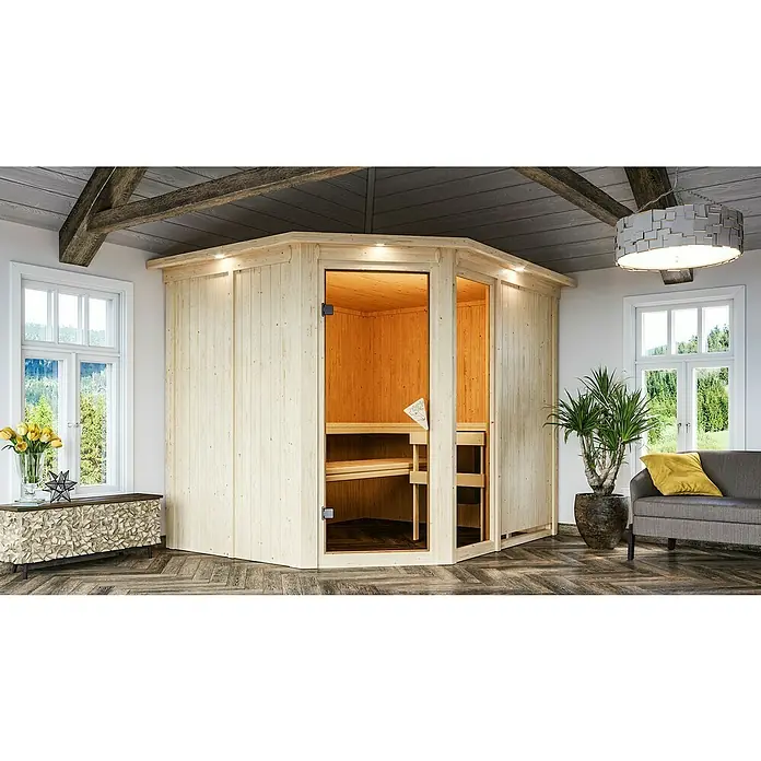 Karibu Elementsauna Fiona - Ohne Ofen, Mit Dachkranz und Beleuchtung, L x B x H: 245 x 210 x 192 cm - Ein modernes Holzsauna-Interieur mit Sitzecke, das eine entspannende und stilvolle Wellness-Atmosphäre für Zuhause bietet.