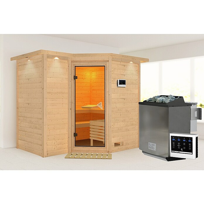 Karibu Massivholzsauna Sahib 2 (Mit Sauna Bio-Ofen 9 kW inkl. Steuerung Easy, Mit Dachkranz und Beleuchtung, 184 x 236 x 209 cm)