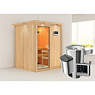 Karibu Elementsauna Minja (Mit 3,6 kW Ofen mit externer Steuerung, Mit Dachkranz und Beleuchtung, L x B x H: 165 x 165 x 192 cm)