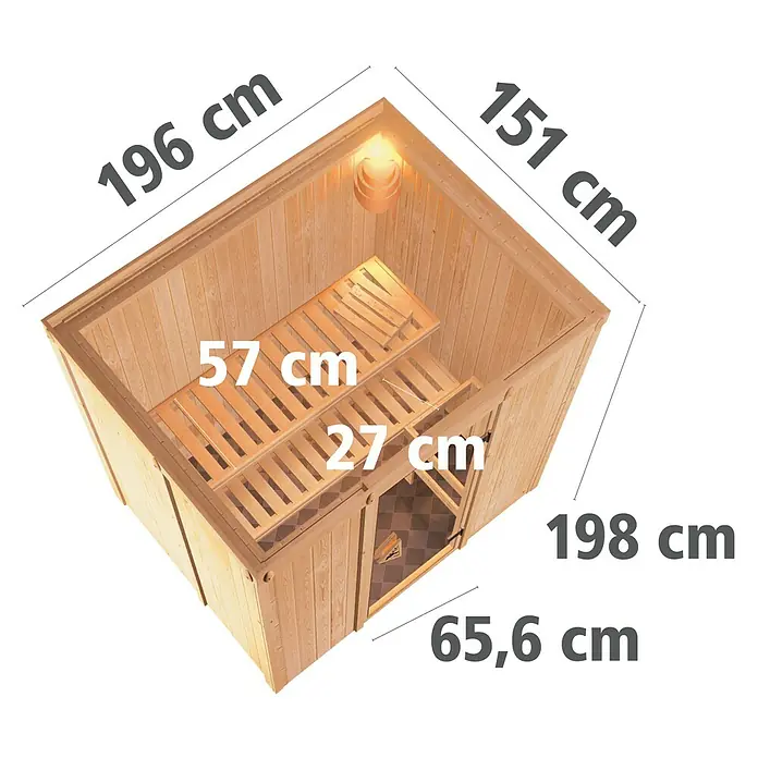 Karibu Elementsauna Bodin - Ohne Ofen, Ohne Dachkranz, L x B x H: 196 x 151 x 192 cm - Abbildung einer Holzsauna mit detaillierten Maßangaben zu Länge, Breite und Höhe. Die Sauna hat Regale und eine Tür.