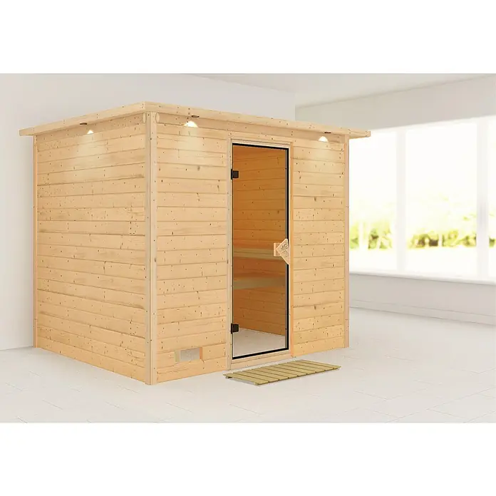 Karibu Massivholzsauna Sonara - Ohne Ofen, Mit Dachkranz und Beleuchtung, L x B x H: 259 x 210 x 192 cm - Geräumige Sauna aus hellem Holz mit Glastür und integrierter Beleuchtung für entspannende Momente. Ideal für Wellness im eigenen Zuhause.