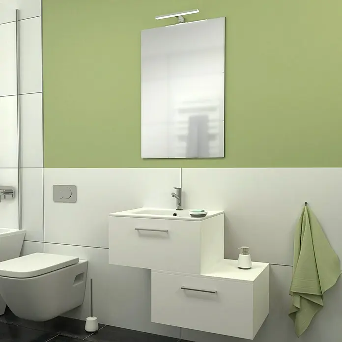 Camargue Espacio Badmöbel-Set G41 - 80 cm, Mira - Elegantes Badezimmer-Interieur mit weißem Waschbeckenunterschrank, Spiegel und Toilette, das ein modernes und stilvolles Design bietet.
