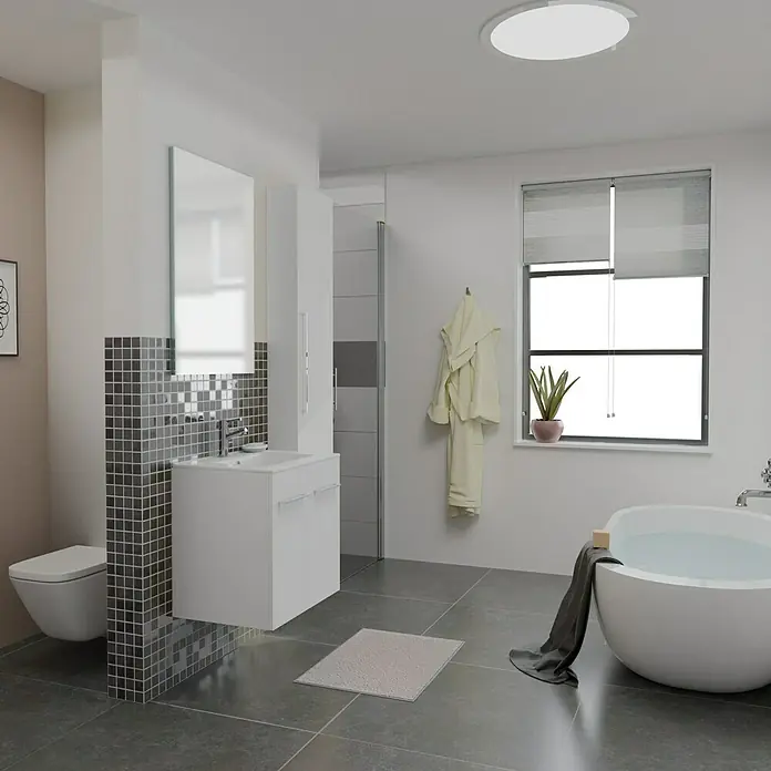 Camargue Espacio Badmöbel-Set i1 - 100 cm, Mira - Badezimmer Interieur mit Waschtischunterschrank, Badewanne, Toilette, Spiegel und grauen Bodenfliesen für ein modernes Ambiente.
