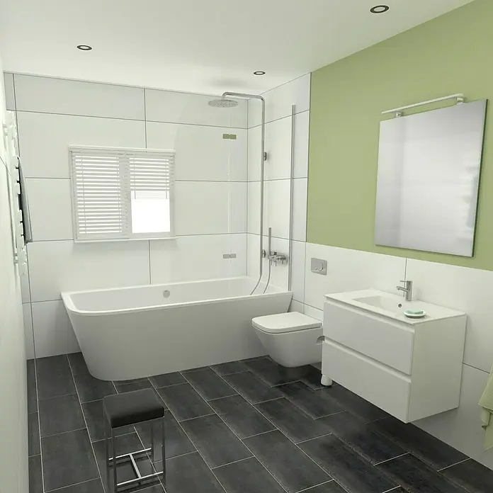 Camargue Espacio Badmöbel-Set G3 - 80 cm, Gama weiß glänzend - Ein modernes Badezimmer mit Badewanne, Toilette, Waschbecken und Spiegel, stilvoll und funktional gestaltet. Helle Farben dominieren den Raum.