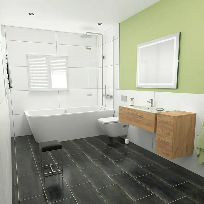 Camargue Espacio Einbauwaschbecken Plan100 x 46 cm, Weiß - Modernes Badezimmer mit freistehender Badewanne, Waschtischunterschrank und grauen Bodenfliesen. Der Spiegel hat eine integrierte Beleuchtung.