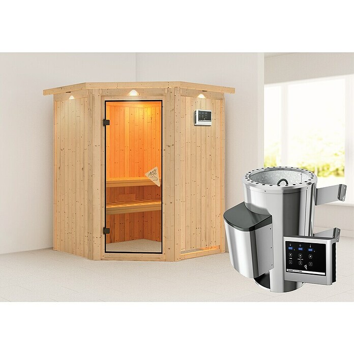 Karibu Nanja (Mit Plug & Play Ofen 3,6 kW inkl. Steuerung Modern, Mit Dachkranz und Beleuchtung, 151 x 151 x 198 cm)