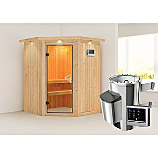 Karibu Elementsauna Nanja (Mit 3,6 kW Ofen mit externer Steuerung, Mit Dachkranz und Beleuchtung, L x B x H: 165 x 165 x 192 cm)