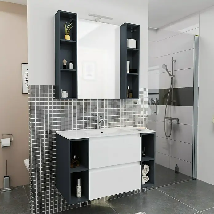 Camargue Espacio Badmöbel-Set i73 - 100 cm, Gama weiß glänzend - Badezimmerwaschtisch mit Spiegel und Seitenschränken in stilvollem Design für moderne Badezimmer. Praktische Aufbewahrungsmöglichkeiten inklusive.