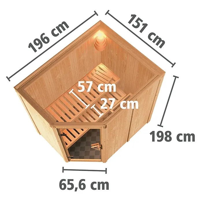 Karibu Elementsauna Carin - Ohne Ofen, Ohne Dachkranz, L x B x H: 151 x 196 x 192 cm - Perspektivische Darstellung einer Holzsauna mit Maßangaben zu Länge, Breite und Höhe.