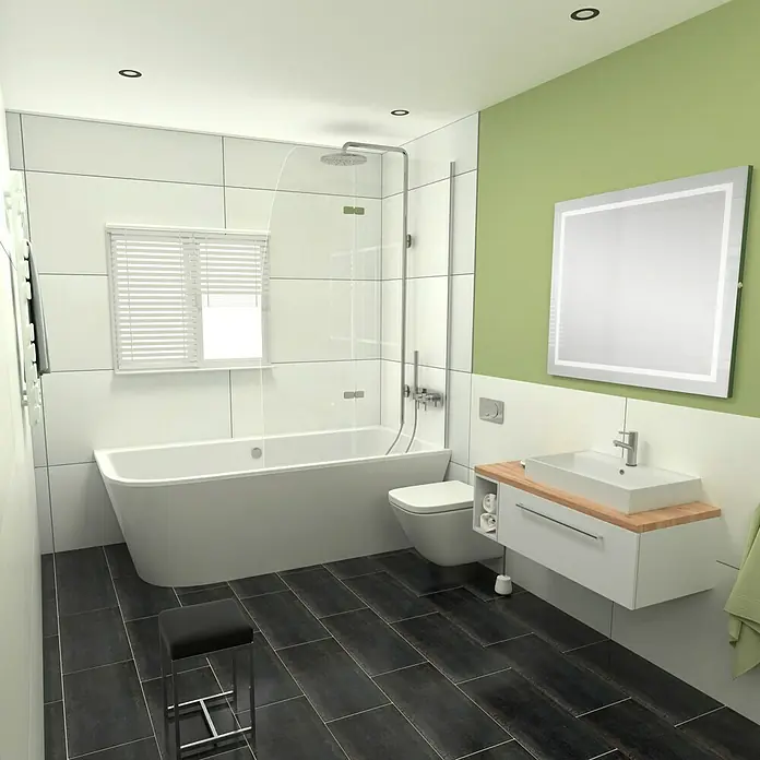Camargue Espacio Badmöbel-Set i111 - 100 cm, Mira - Badezimmer mit Badewanne, Toilette, Waschtisch mit Spiegel und schwarzem Hocker. Die grüne Wand verleiht dem Raum eine frische Note.