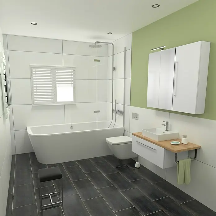Camargue Espacio Badmöbel-Set i131 - 100 cm, Mira - Helles Badezimmer mit weißer Badewanne, Toilette und Waschtisch mit Holzplatte. Ein moderner und stilvoller Raum zum Wohlfühlen.