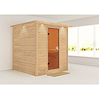 Karibu Elementsauna Mojave (Ohne Ofen, Mit Dachkranz und Beleuchtung, Materialspezifizierung Tür: Ganzglas Bronze, L x B x H: 224 x 210 x 192 cm)