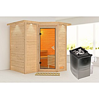 Karibu Massivholzsauna Sahib 1 (Mit 9 kW Ofen mit integrierter Steuerung, Mit Dachkranz und Beleuchtung, L x B x H: 221 x 198 x 200 cm)