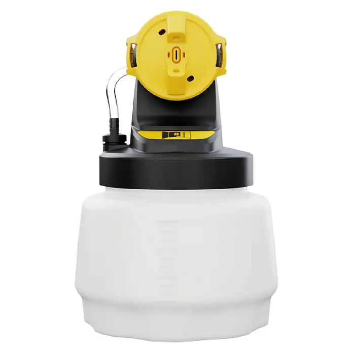Wagner Sprühaufsatz Wall EXTRA 1300 I-Spray - Passend für: Wagner Farbsprühsystem Universal Sprayer & Wall Sprayer, Geeignet für: Wandfarben - Bild einer Farbspritzpistole mit gelbem Aufsatz und weißem Behälter, ideal für Lackierarbeiten.