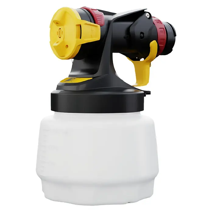 Wagner Sprühaufsatz Wall EXTRA 1300 I-Spray - Passend für: Wagner Farbsprühsystem Universal Sprayer & Wall Sprayer, Geeignet für: Wandfarben - Das Bild zeigt eine elektrische Farbspritzpistole mit einem Behälter für Farbe oder Lack. Das Gerät ist in Schwarz, Gelb und Rot gehalten.