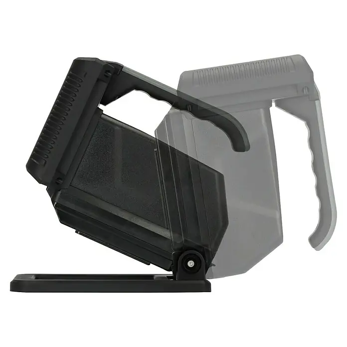 Brennenstuhl Taschenlampe Multi Akku - 21,4 x 22,5 x 19,5 cm - Eine tragbare, schwarze Arbeitsleuchte mit verstellbarem Griff und Standfuß, ideal für Baustellen oder Werkstätten, zusätzlich ein weiterer Winkel leicht transparent.
