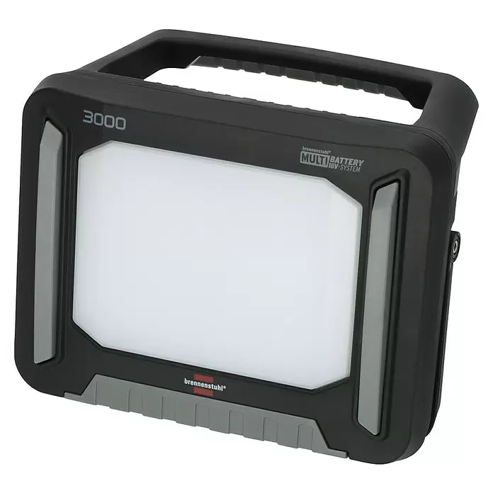 Brennenstuhl LED-Akkustrahler Professional Multi Battery - 3.150 lm, 6.500 K, 16,9 x 28,5 x 22,7 cm, IP65 - Robustes schwarz-graues tragbares LED-Arbeitslicht mit Griff, weißer Lichtfläche und Multi-Batterie-System.