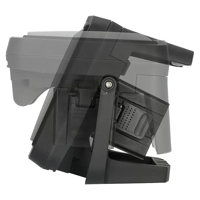 Brennenstuhl LED-Akkustrahler Professional Multi Battery - 3.150 lm, 6.500 K, 16,9 x 28,5 x 22,7 cm, IP65 - Schwarzer, verstellbarer Strahler auf Ständer, mit transparenten Überlagerungen, die die Neigungsverstellung zeigen.