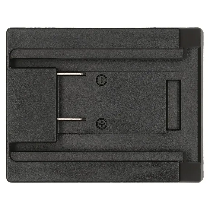 Brennenstuhl Adapter Würth - L x B x H: 6,9 x 4,1 x 8,8 cm, Schwarz - Nahaufnahme einer schwarzen V-Mount-Batterieplatte mit Metallkontakten und Befestigungsmechanismus.